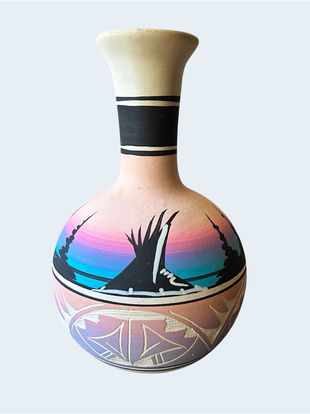 Vintage Etched Navajo Pastel Pottery Vase